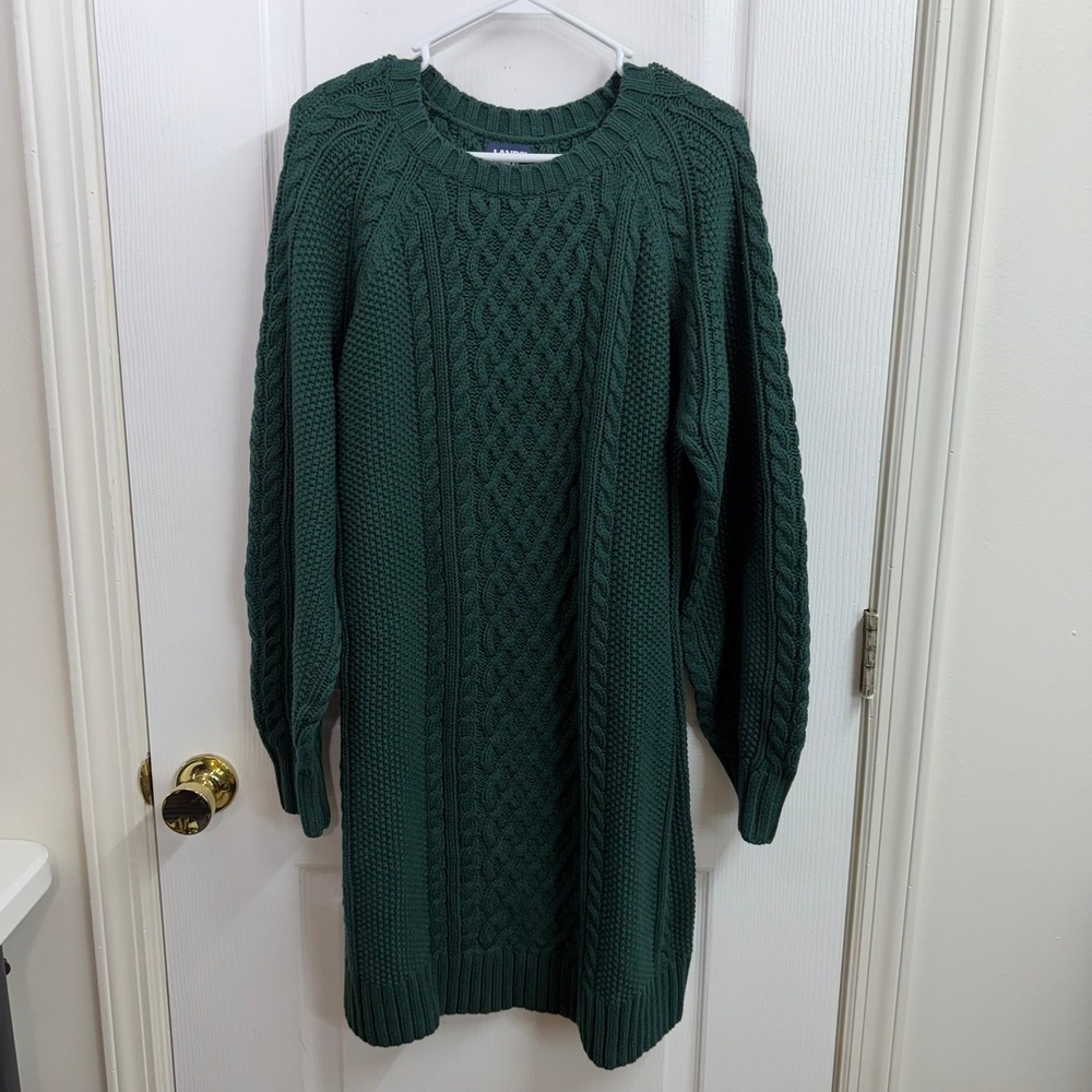 Lands' End dark green thick Cable Knit Long Sleeve Sweater midi dress cotton L